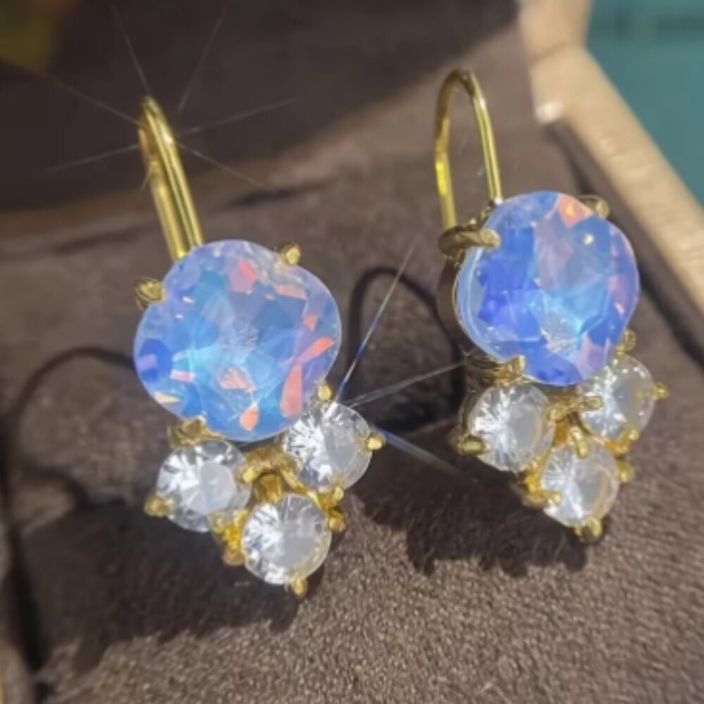 Vibrant Opal Blue Colour Rhinestone Earrings - Gold Plated - new